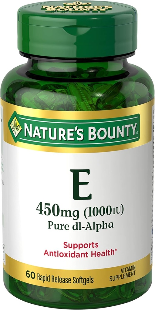Nature's Bounty Vitamin E 1000 IU Softgels, Supports Antioxidant Health & Immune System, 1 Serving per Day, No Gluten, 60 Softgels (Pack of 1)