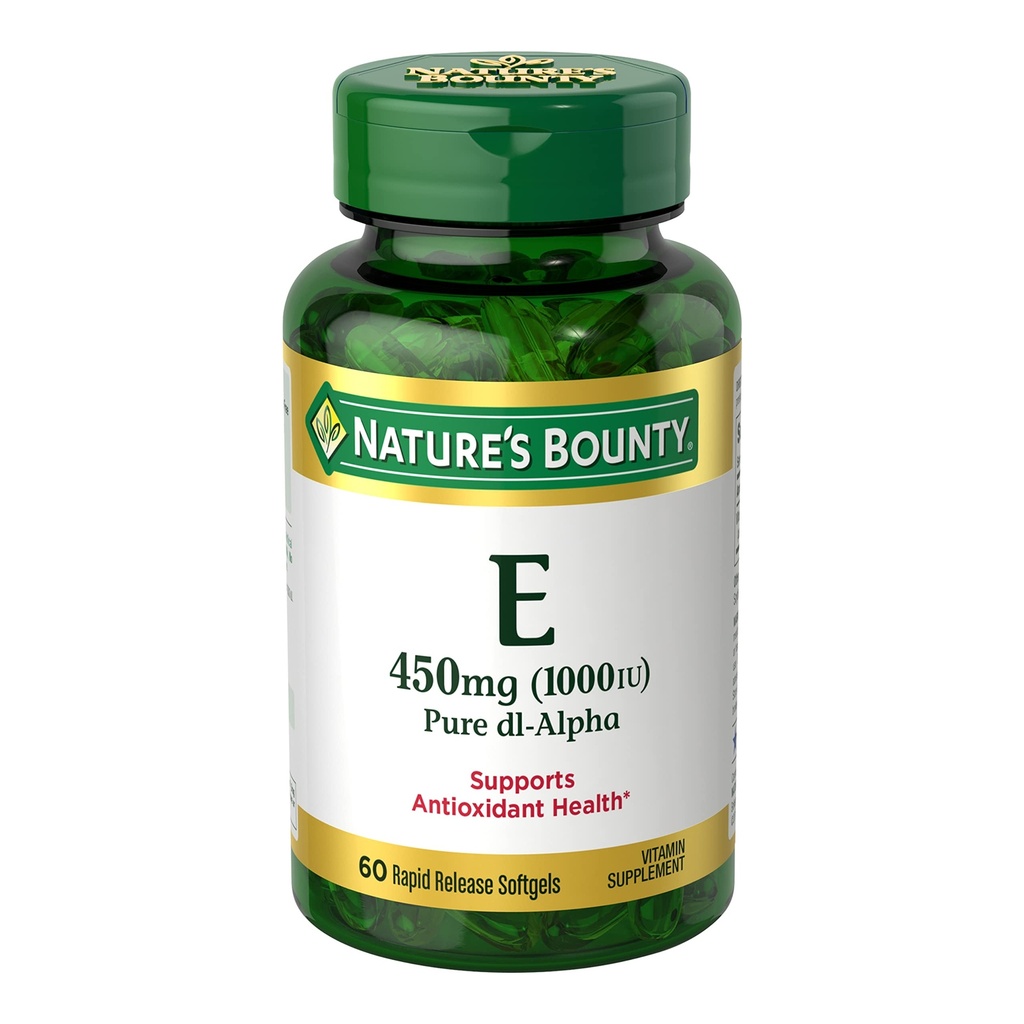 Vitamina Bounty E 1000 UI Softgels, Susţine sistemul antioxidant de sănătate şi imun, 1 Servire pe zi, No Gluten, 60 Softgels (Pachet de 1)
