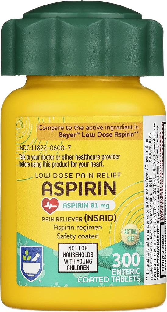 Rite Ajutor Aspirină tablete enterice, 81 mg aspirina - 300 Număr, Doza mică de ajutor durere, Aspirină pentru ajutor de cap, Siguranţă enterică comprimate filmate, Aspirină Regiment, Migrenă Medicamente, Durere de relief