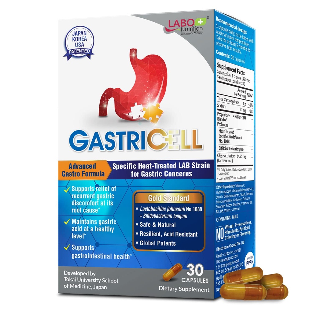 Labo Nutrition GASTRICELL - Reflux acid, arsuri la stomac, Discomfort gastric recurent, Apărare naturală împotriva ambuteiajelor gastrice 30 Capsule