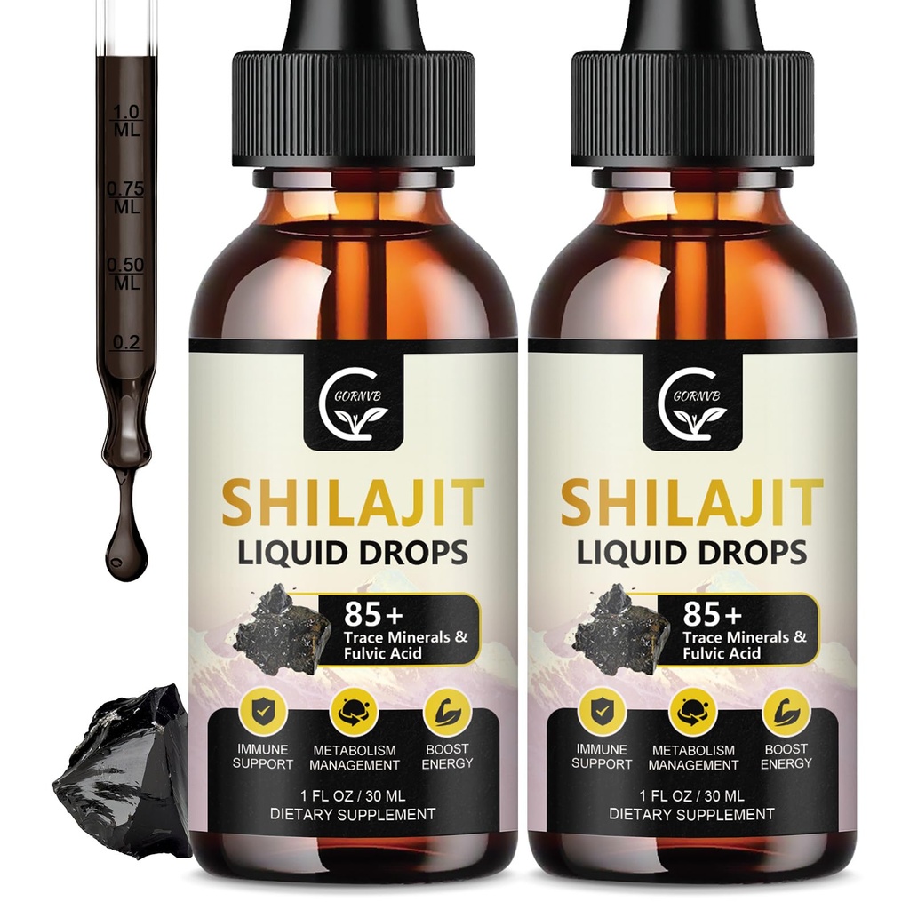 (2-Pack) Silajit de mare potenta Pure Himalayan Lichid organic Supliment, Shilajit Resin picătură pentru bărbați și femei, Max Potence 85+ Clean Trace Minerale & Acid fuzelian pentru energie, suport metabolic și imun