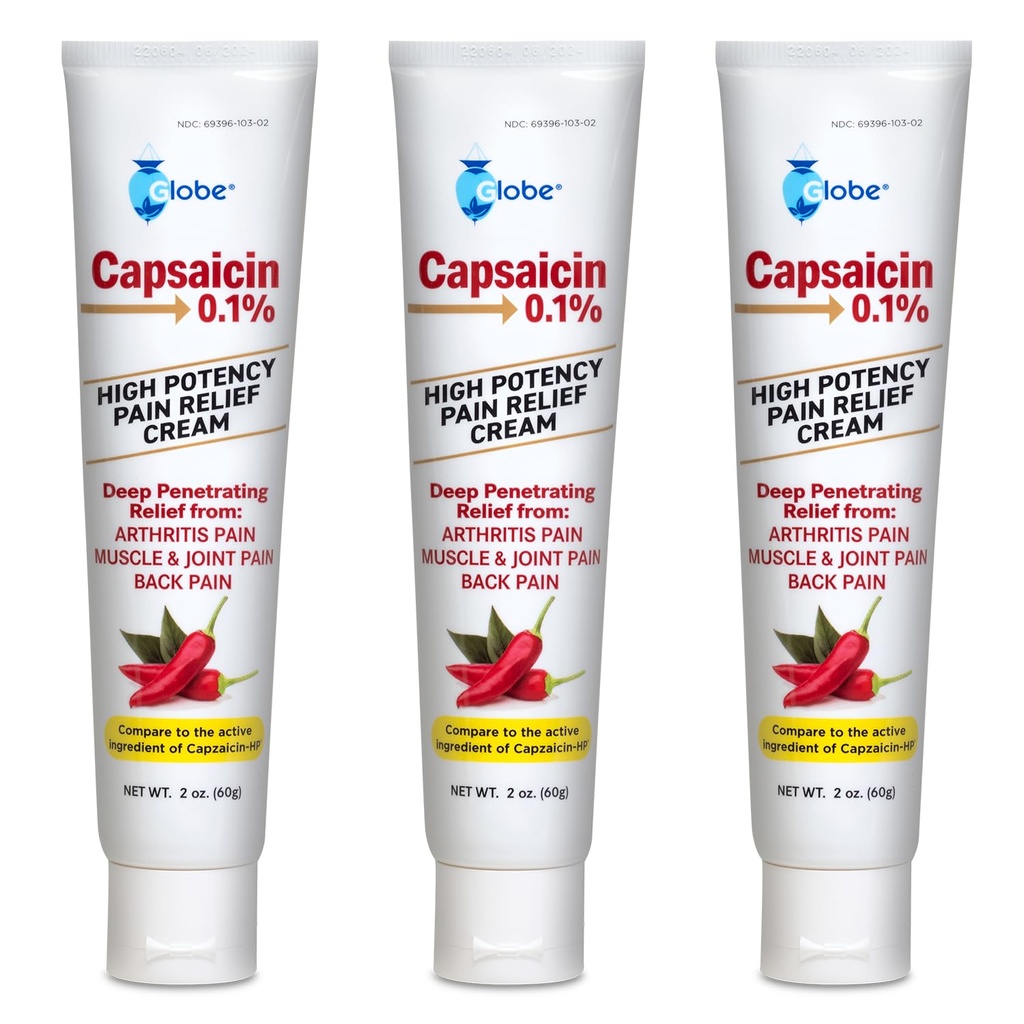 Globe (3 Pack) Capsaicina 0,1% Crema de calmare a durerii de potenţă ridicată, fără parfum (2 oz) Deep Penetranting Relief from: Artrită, dureri musculare, articulare şi de spate