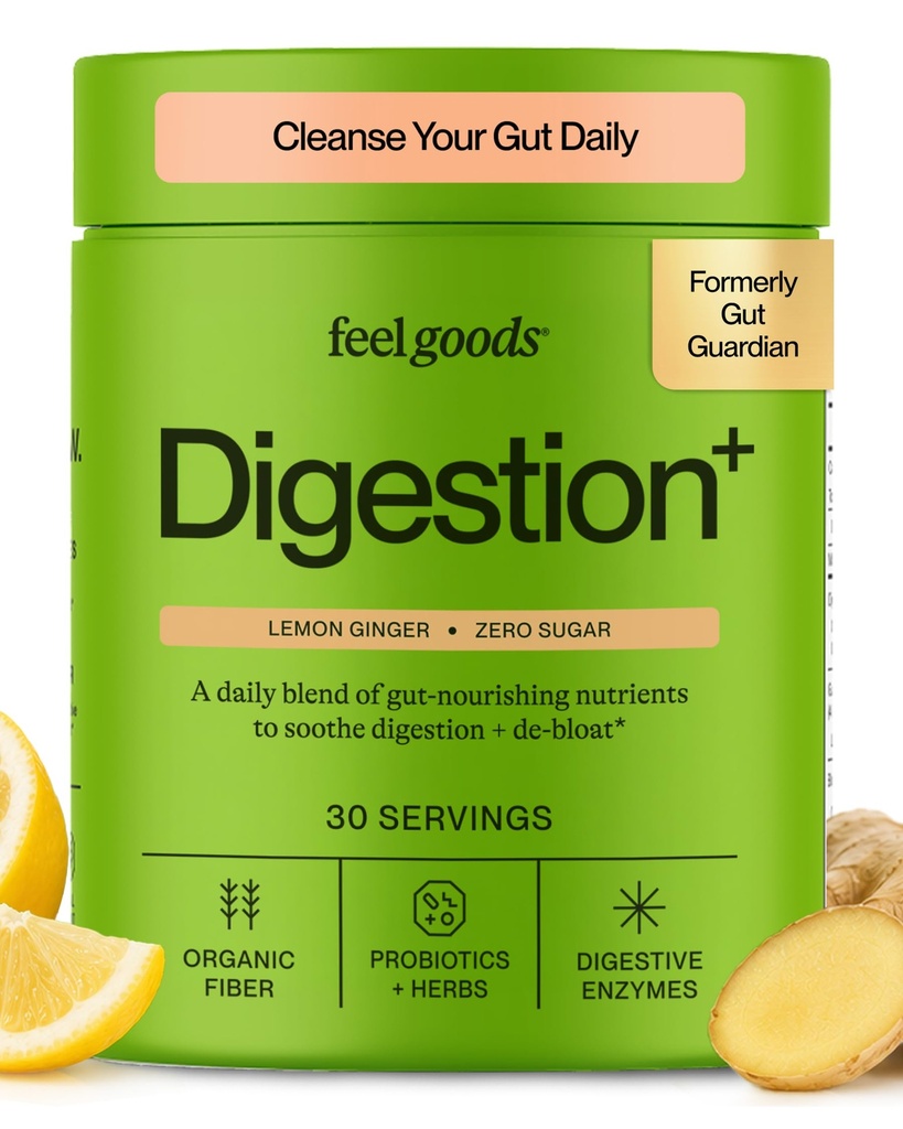 Feel Goods Gut Guardian, Organic Fiber, Probiotic & Prebiotic Powder, Sugar Free, Herbs for Bloat, Gut Health Support, Digestive Health for Men & Women, Non OMG, Vegan, Lemon Ginger, 30 Servings