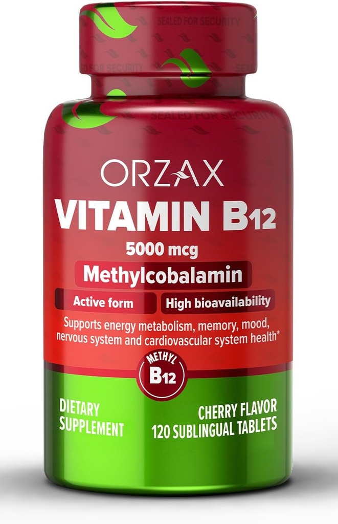 OrzAX Vitamina B12 5000 mcg Metilcobalamină pentru memorie, stare de spirit, funcţie de celule sanguine, Cardiovasculare şi Suplimentul energetic - Cherry Flavored - Vegan & Non-GMO - 120 comprimate sublinguale - 120 zile de aprovizionare
