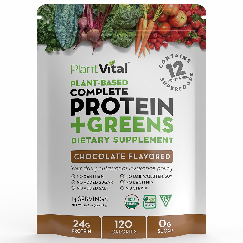 Planta de praf de proteine vegetala Vegan pe baza de, proteine organice praf de ciocolată 24g/0g zahăr, 12 Superalimente, legume, Probiotice, cacao crudă, Kale, Beets, Spirulina, Pea, Gluten-Free, Keto-Friendly, 16oz