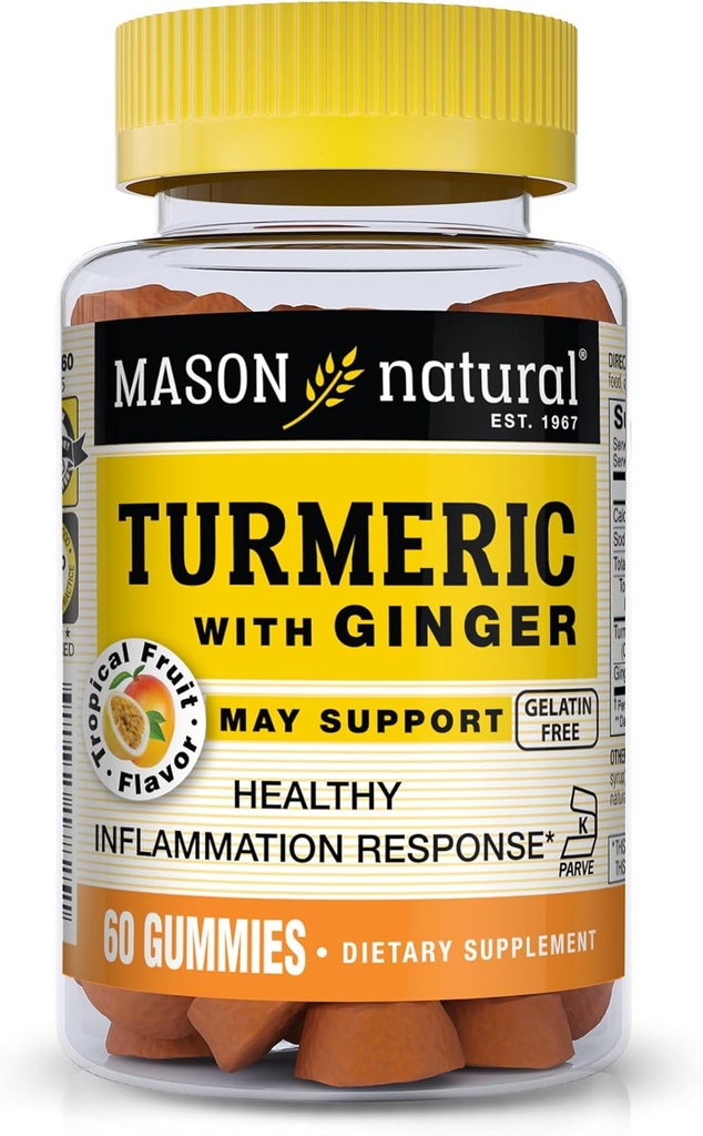 MASON NATURAL Turmeric cu Ginger Gummies, Natural Joint Support & Antioxidant Formula, Tropical Fruit Flavor, 60 Gummies