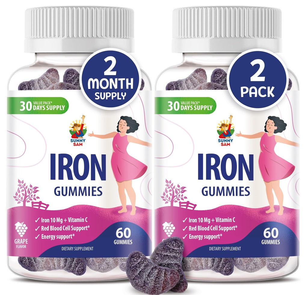 SUNNY SAM Gumies de fier pentru copii si adulti - Vitamine de fier cu vitamina C, 10 mg per servire - Gummy de fructe mestecabile pentru suport imunitar de producție de celule roșii din sânge