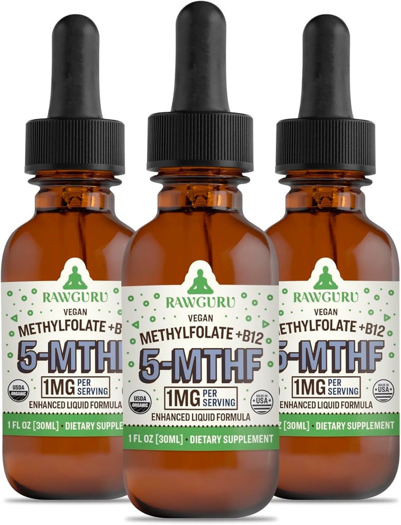 RawGuru Methylfolat 1mg+ Vitamina B12 - Organic Vegan Methylated B12 with Trace Minerals - Nano-processed & Enhanced Liquid Formula - 300 Servings of Vegan Drops per 30 ml, Pack of 3