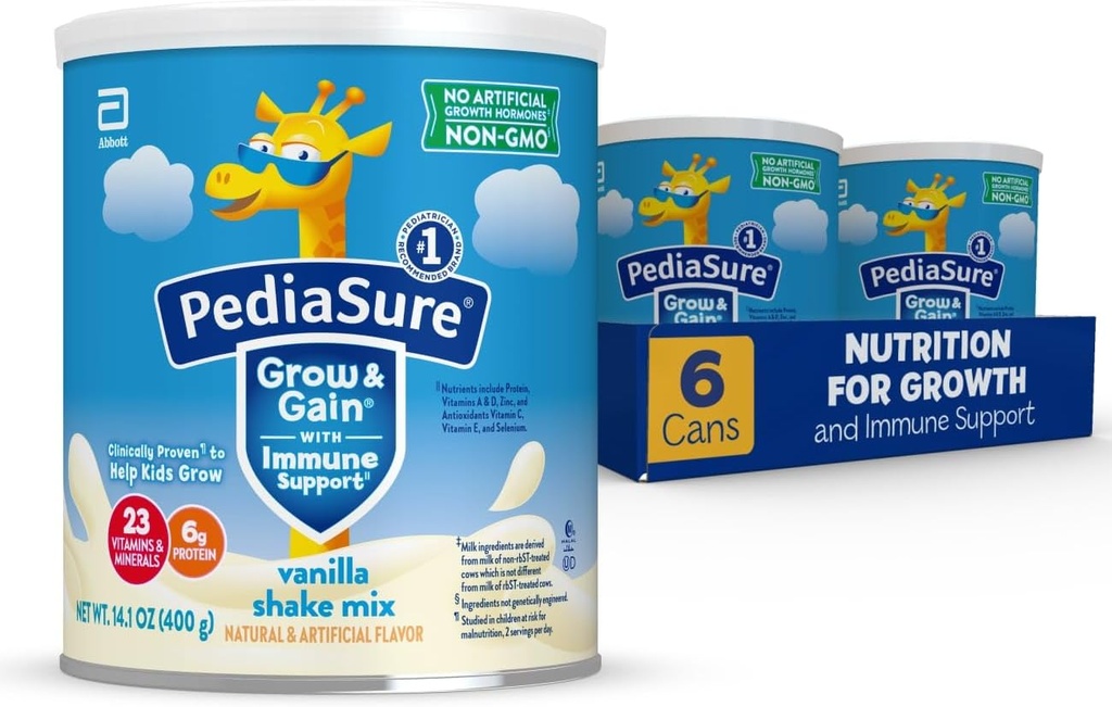 PediaSure Grow & Gain with Immune Support Shake Mix Powder, 23 Vitamine & Minerale, 6g Proteine, Non-GMO, Gluten-Free, Kids Nutrition, Vanilla, 14,1 oz Can, Pachet de 6-48 portii