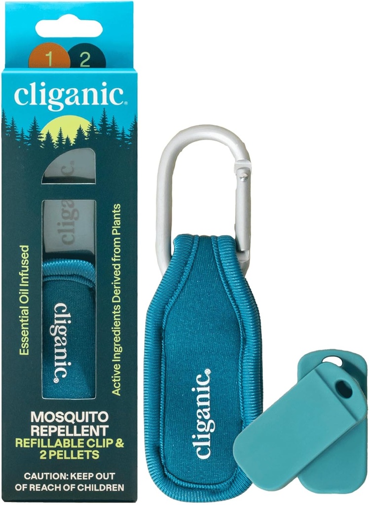 Cliganic Mosquito Repelent Pack (1 Clip + 2 Refill Pellets) - Natural Deet-Free, ulei esențial Infuzat