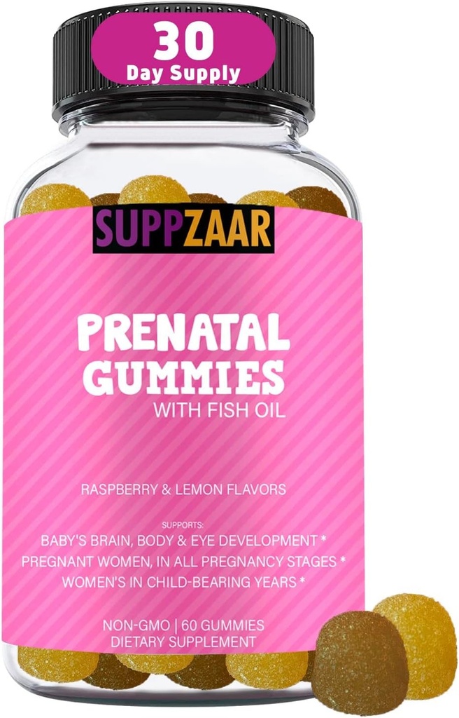 Gume de vitamine prenatale cu DHA, acid folic, ulei de pește, iod, biotină și vitamina A C D E B6 B12 - vitamine prenatale delicioase pentru a sprijini sănătatea și bunăstarea femeilor - 60 gume