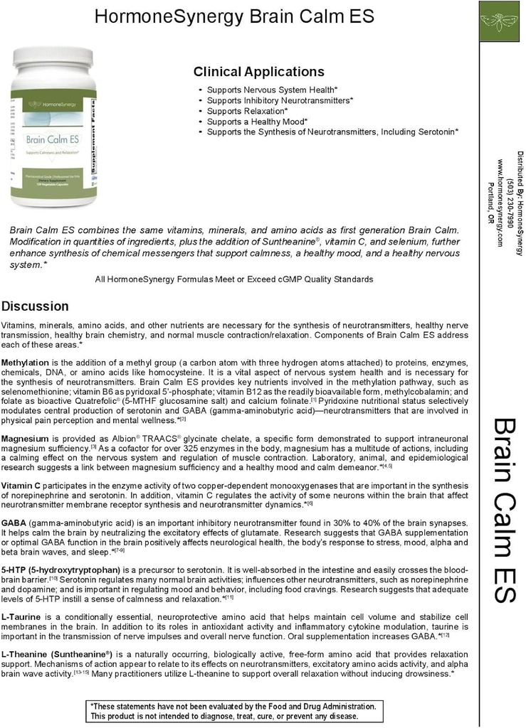 HormoneSynergy RetzlerRx® Brain Calm ES - Ultimate Support for Calmness & Relaxation - L-Theanine (Suntheanine®) - TRAACS® Albion® Minerale Chelated - GABA - 5-HTP - L-Taurină - 120 V-Caps