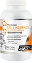 Vitamina D3 10000 UI K2/MK7 100 mcg. Supliment de potenţă mare 8 luni de aprovizionare. Non-GMO pentru suport osos, cardiac și imun.