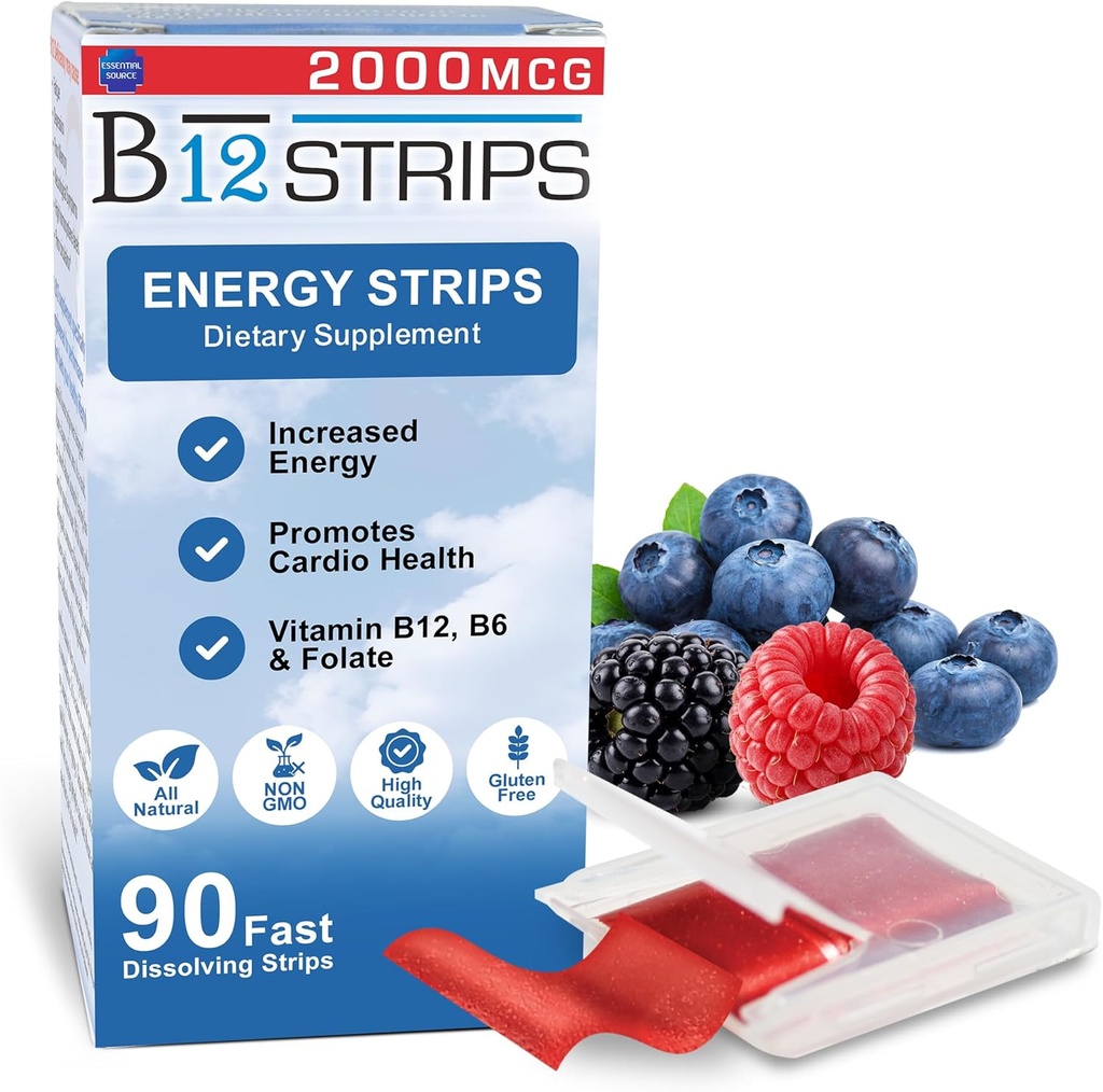 Sursa esenţială 2.000 mcg Metilcobalamină Vitamina B12 Stripuri sublinguale de energie Biotin, B6, 5-MTHF L- Metilfolat 