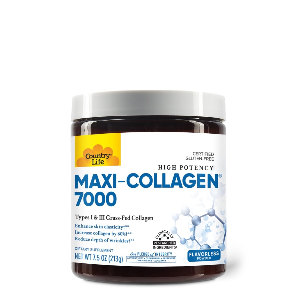 Country Life Maxi-Collagen 7000 Powder - Verisol Bioactive Colagen Peptides, Vitamina C, A & Biotin, 4500 mg Tipuri I & III Fed Colagen - Suporturi piele, par, Nails & Joint Health, 7.5 oz