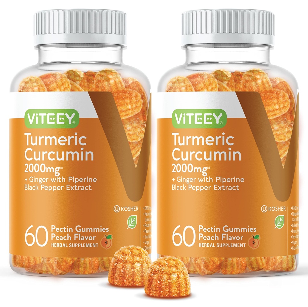 Curcumina curcumica cu ghimbir si piper negru Suplimentul Herbal, 2000mg, Suport Imun, Sanatate si Sanatate Jointa, Vegan, Bazat pe Pectină, pentru adulți și adolescenți - Aroma de piersici masticabile(2Pack)