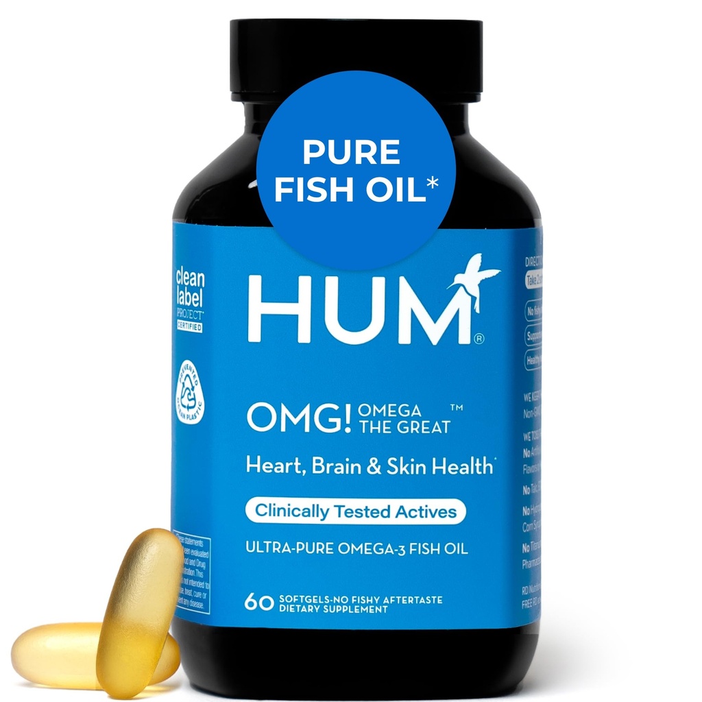 HUM OMG! Omega Marea Triplă Omega 3 Suplimentul de ulei de pește pentru femei și bărbați cu vitamina E, DHA & EPA, Skin Care & Skin Tone Suport pentru Heart & Brain Health, Gluten gratuit, Non OMG, 60 Softgels