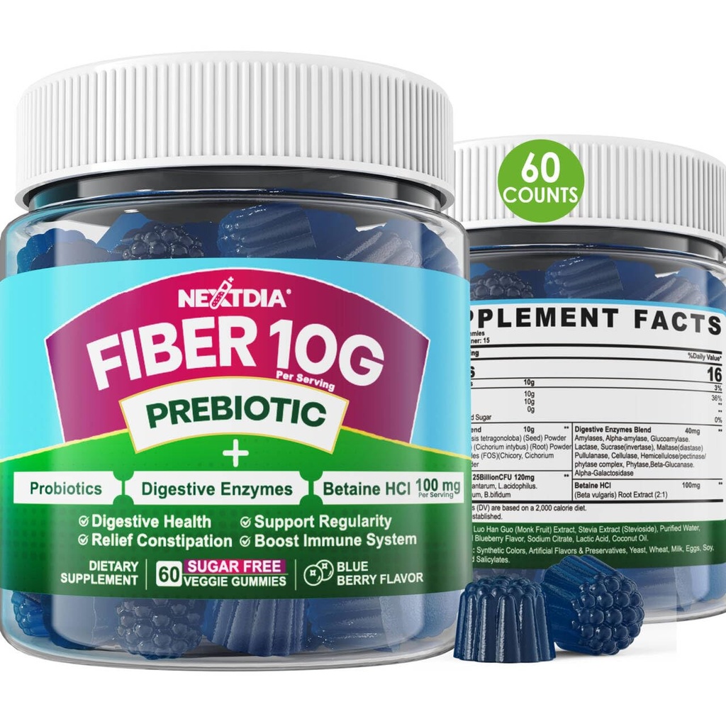 Fibră de mestecat pentru adulți, Sugar Free 10g Prebiotic Fiber Supliment cu enzime digestive, Probiotice & 100mg Betaina pentru Digestive & Gut Health și să reglementeze mișcarea Bowel, Vegan, Gelatină gratuit, 60ct