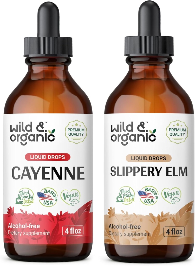 Ardei sălbatic și organic Cayenne Tinctură 4 fl oz și elm alunecos Tinctură 4 fl oz