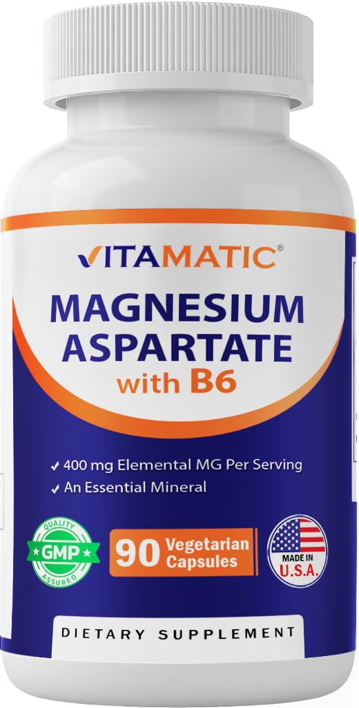 Vitamatic Magneziu Aspartate 400 mg per Servire - 90 Capsule vegetariene - Adăugat B6 pentru absorbţie maximă - Suporturi musculare, articulare, şi Heart Health