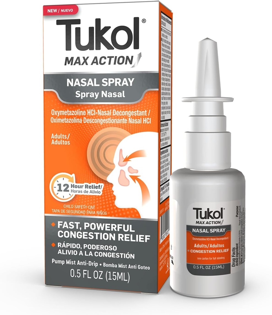 TUKOL Max Acţiune Spray nazal, Oxymetazolină Nasal Decongestionant Spray pentru adulţi, Rapid Stuffy Nas & Sinus Congestion Relief, 12-Hour nas Spray decongestionant, 0.5 fl oz