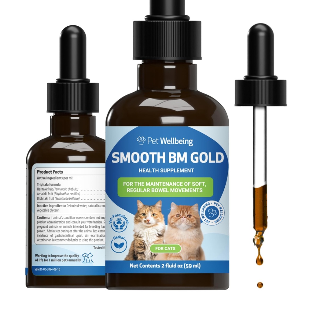 Pet Wellbeing Smooth BM Gold pentru pisici - Gentle Constipation Relief pentru Felines - Natural Herbal Supplement 2 oz (59 ml)