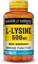 MASON NATURAL L-Lysine 500 mg cu funcţie imunitară îmbunătăţită de calciu, absorbţie crescută de nutrient, acid amino esenţial, 100 comprimate