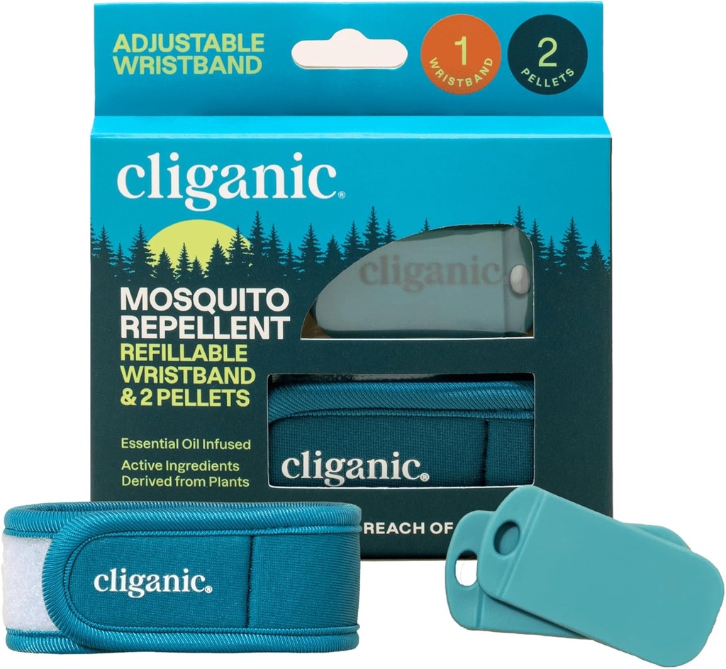 Cliganic Mosquito Repelent Pack (Banda + 2 Refill Pellets) - Ajustabil, Natural Deet-Free, Infuzat ulei esențial