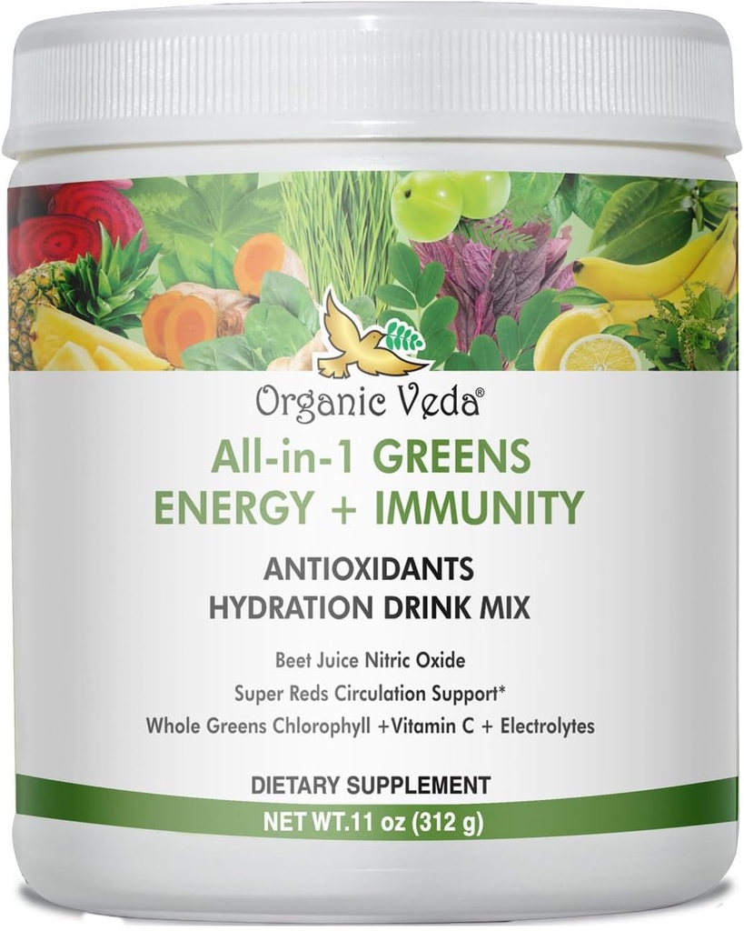 Ecologic Veda Super Greens Antioxidant Hydration Drink Mix Powder cu Electroliti pentru energie, Imunitate - Daily Organic Superfoods Clorofill, Beet, Moringa, Chlorella, Spirulina, Turmeric - 11 oz