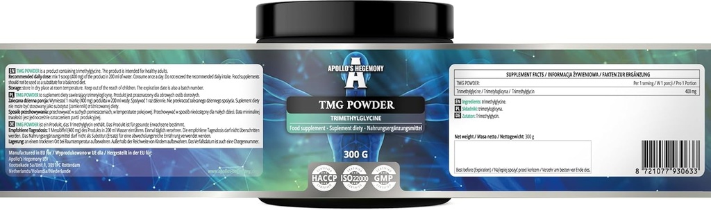 APOLLO HEGEMONY TMG pulbere 300g - Betaina - 2000mg Trimethylglicina per Serving - 150 Serviri pe ambalaj - Nu aditivi - Ramurid Chain Aminoacids - Suport metabolic