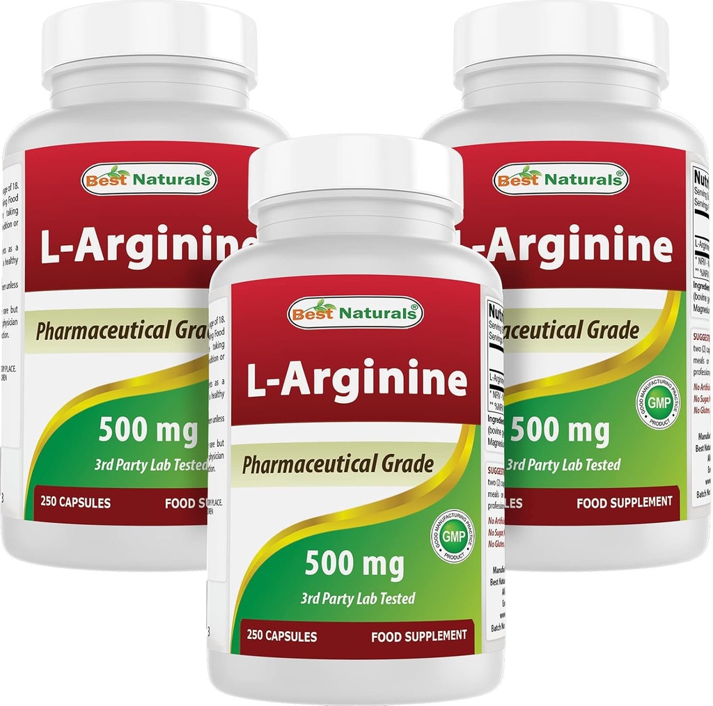 Cele mai bune Naturale L-Arginină 500mg 250 capsule (250 Conte (Pachet de 3)