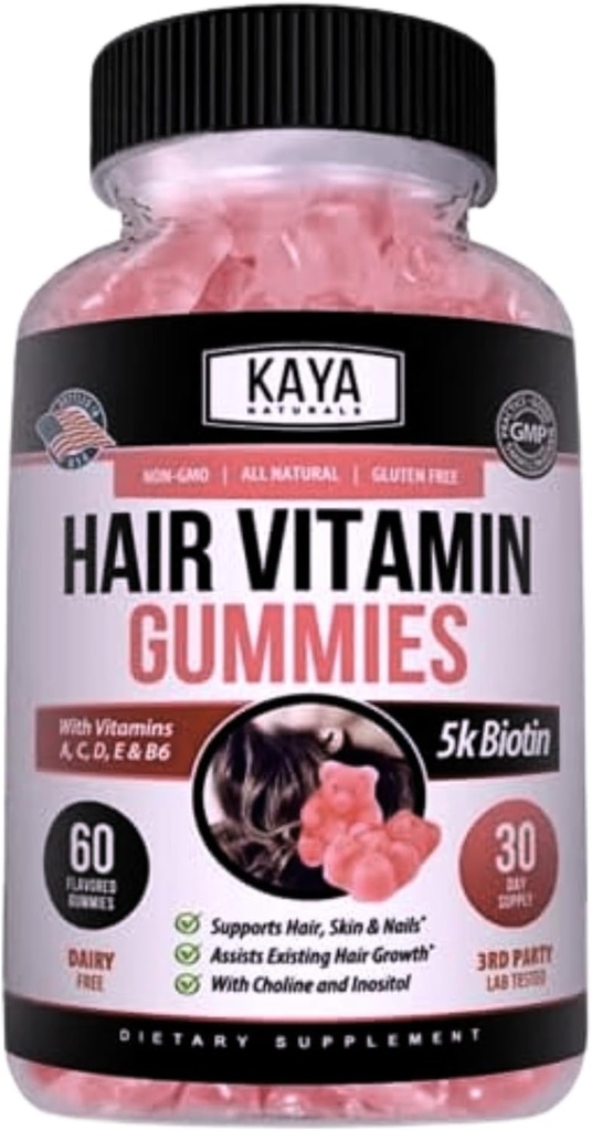Kaya Naturals Cresterea parului Gume - Biotin 5000mcg Vitamine pentru par sanatos, piele, si unghii - Frumusete Supliment pentru femei sau barbati - 60 Conte - Aroma de afine