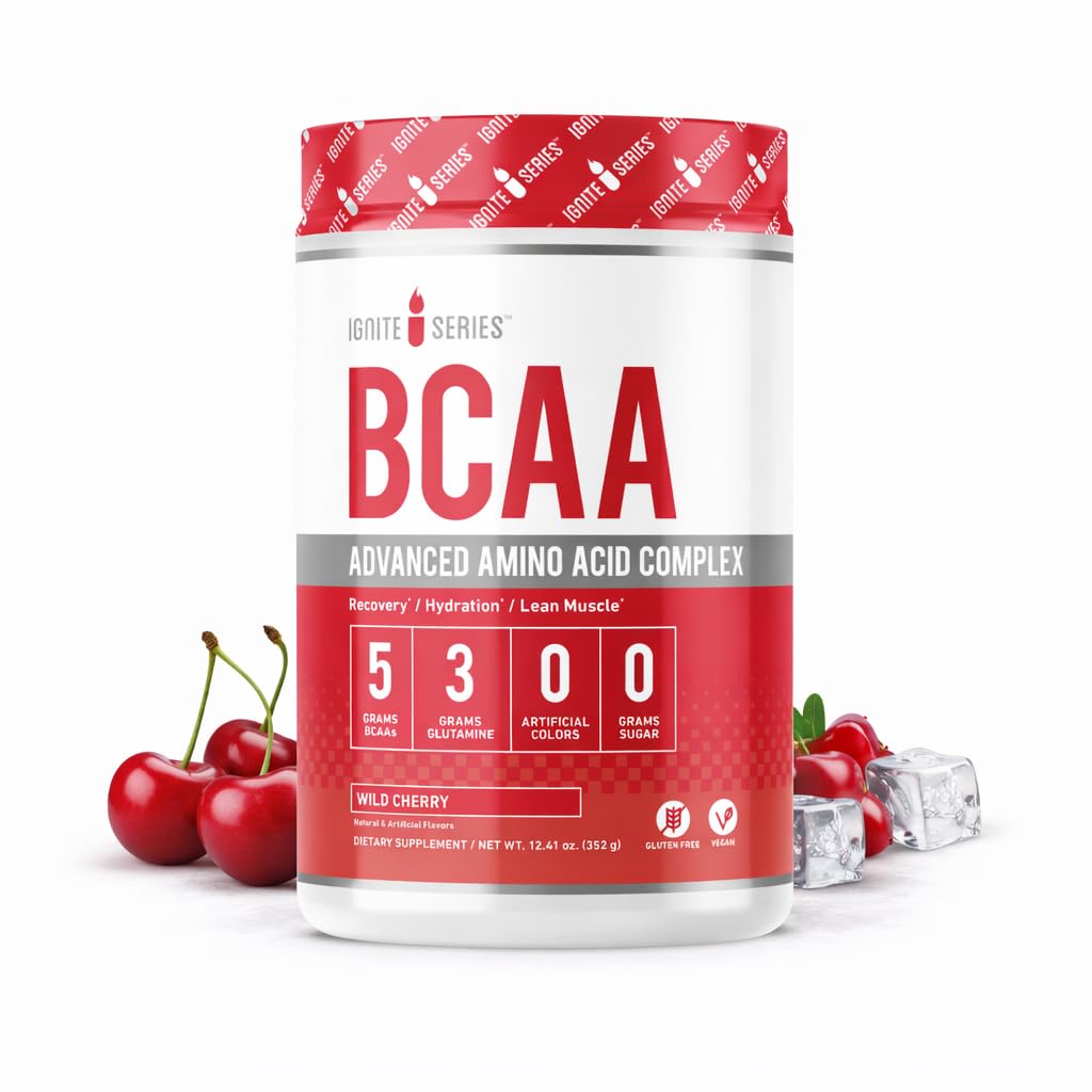 Nutriție completă Seria Ignite BCAA Advanced Amino Acid Complex, cireșe sălbatice, susține recuperarea musculară, hidratare & creștere, 5g BCAA, 3g Glutamina, 13 oz Tub (30 Servings)