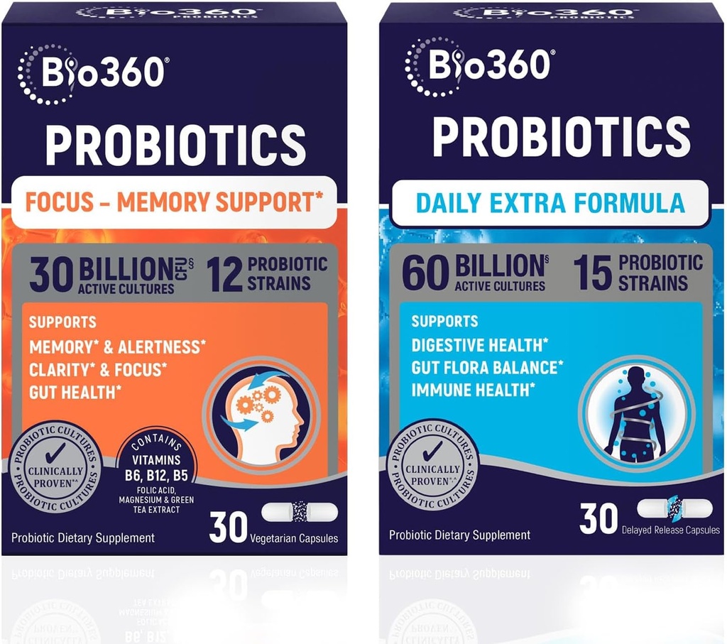 Bio360 Probiotice Bundle, Cognitive Support Formula & Daily Extra Formula, Brain Supplements & Gut Health, Helps Support Memory, Focus & Digestion, 2 x 30 Vegan Supplements