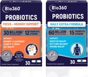Bio360 Probiotice Bundle, Cognitive Support Formula & Daily Extra Formula, Brain Supplements & Gut Health, Helps Support Memory, Focus & Digestion, 2 x 30 Vegan Supplements