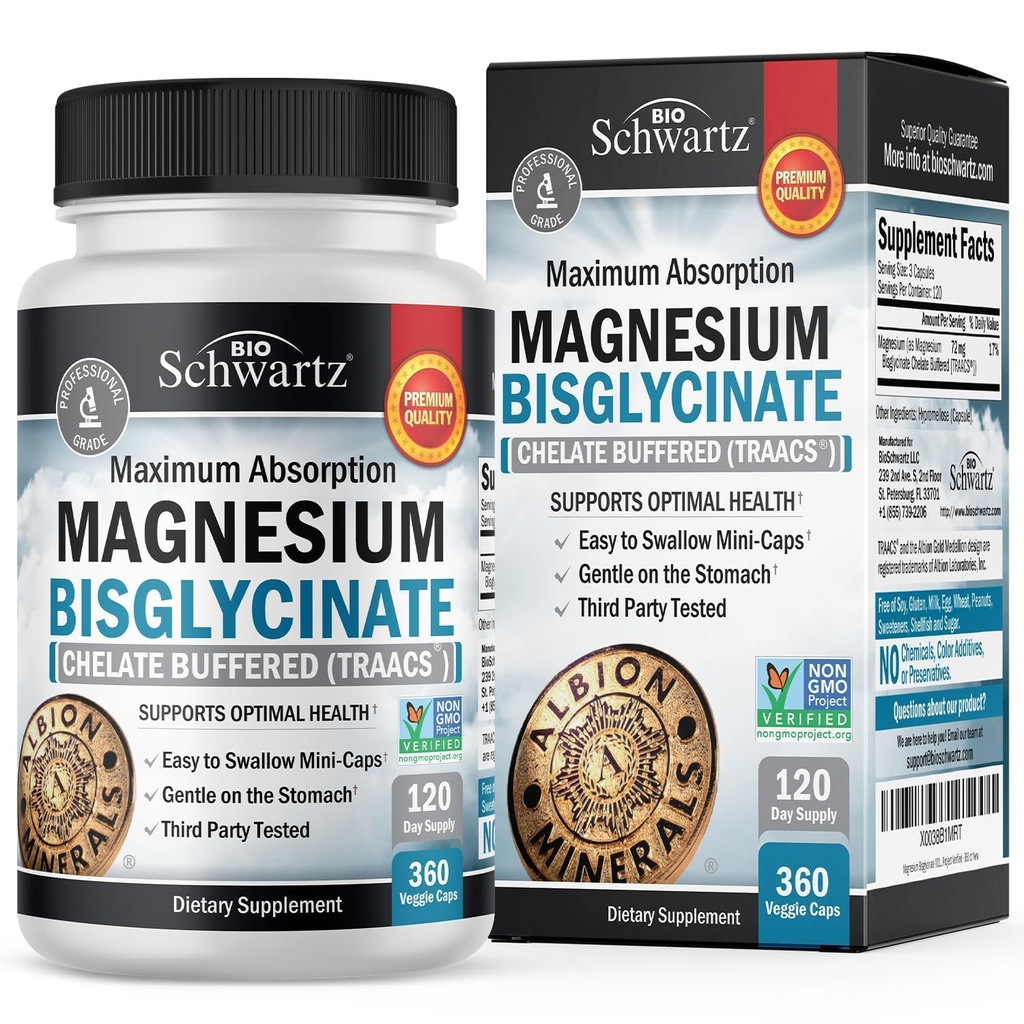 Magneziu Bisglicinat supliment Chelated - supliment de magneziu de înaltă absorbţie pentru muşchi, suport osos şi comun, non-laxative, complet umflate, non-GMO, Biodisponibilitatea maximă - 360 capsule