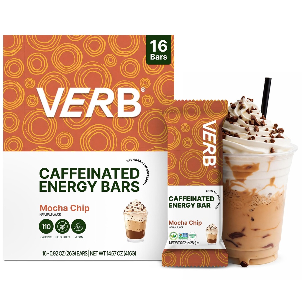 Verb Caffeinated Energy Bars Mocha Chip (26g, Pack of 16) 110-Calorie Delicious Low Sugar Energy Bar - Vegan Gluten Free On-the Go Snack with 80mg Green Tea Cafeina, Numai ingrediente alimentare reale