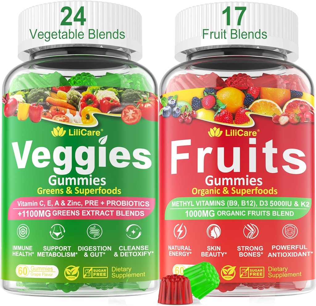 Fructe și legume fără zahăr Gummies w/D3K2, B9, B12, Magneziu, 41+ Superalimente naturale și legume Supliment pentru suport digestiv și gut, energie, Nutrient Balance, Antioxidant non-GMO 2pack