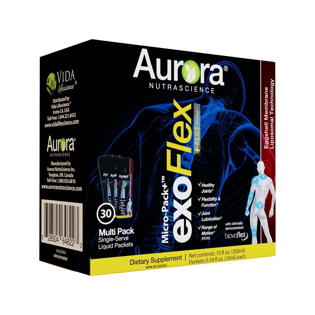Aurora Nutrascience Micro-Pack Liposomal exoFlex+ cu vitamina C, Suportă Flexibilitate comună & Funcție, BiovaFlex Eggshell Membrane, Curcumin & Boswellia, Aroma de Strwaberry, 30 Pachete de unică servire