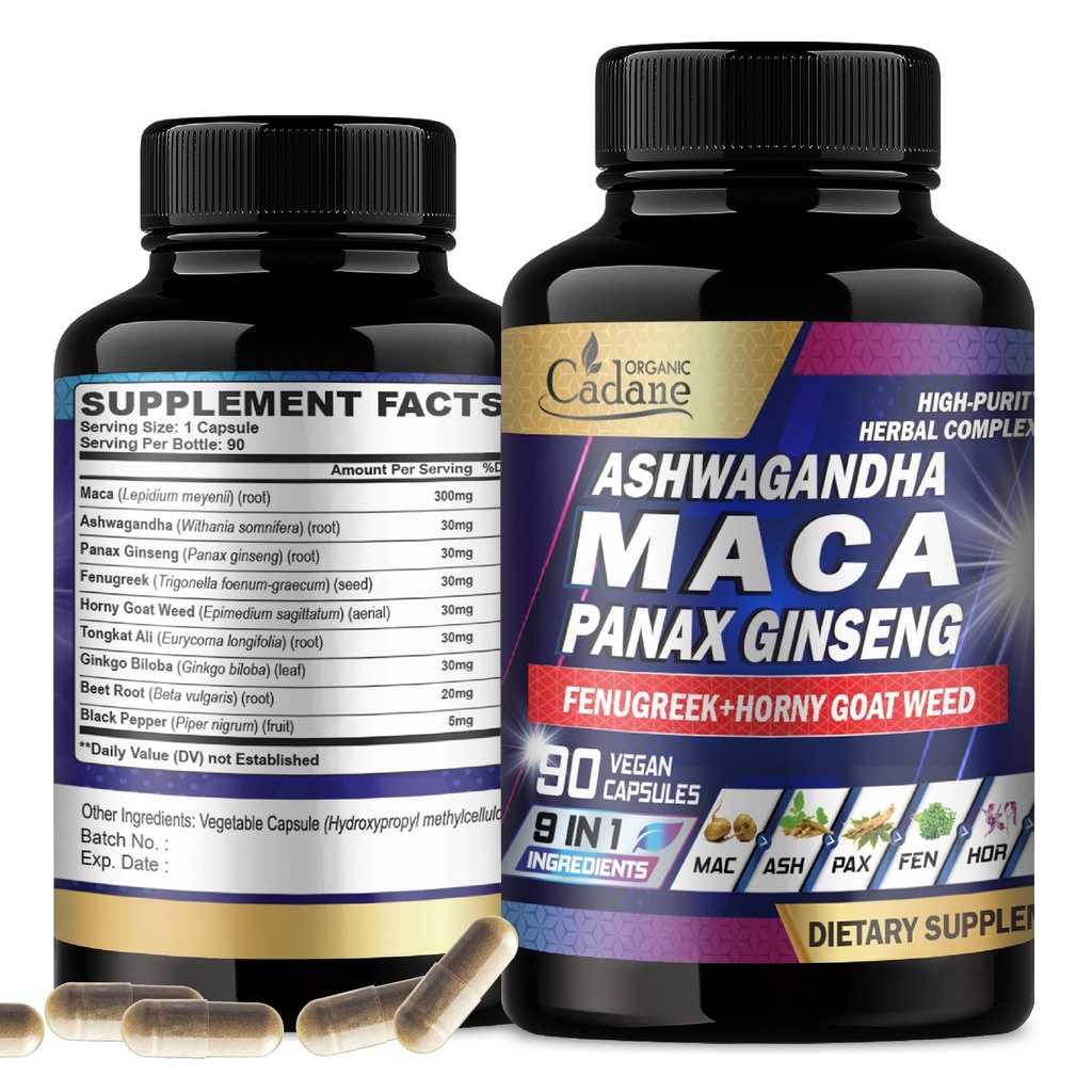 Ecologic Cadane Maca Root, Ashwagandha, Panax Ginseng Supliment - 90 capsule 3 luni cu Schinduf, Tongkat Ali & More - Suport Productia de energie si imunitate