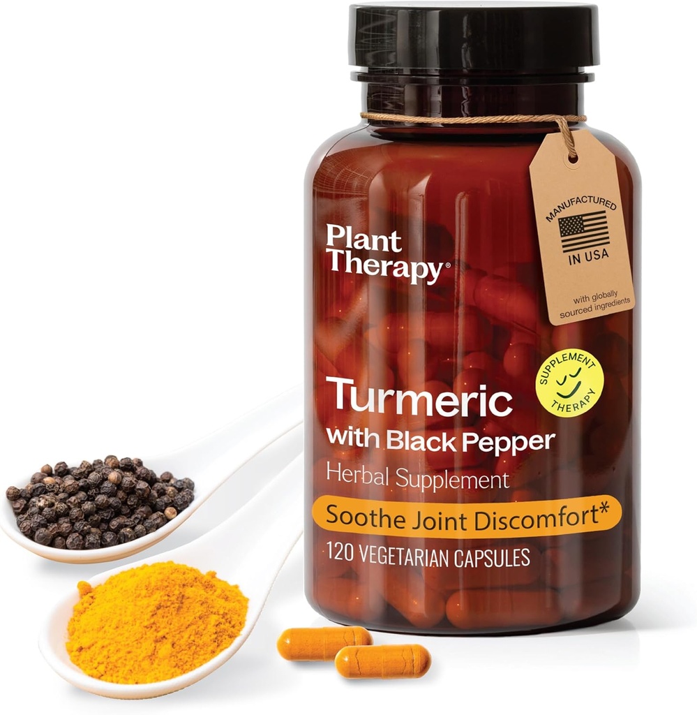 Terapie plante Turmeric Black Pepper Supliment Capsule fabricate în Statele Unite ale Americii 4 Luna Aprovizionarea sprijină Suplimente sanitare comune și musculare pentru femei și bărbați 120 Capsule vegetariene