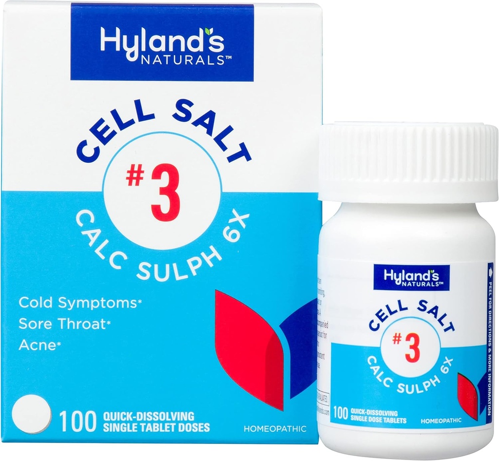 Sare de celule Hyland nr. 3 Calc Sulph 6X Tablete, Relief rece, Homeopatice naturale Relief de răceli, Sore Throat, Acnee, Quick Dizolvare tablete, 100 Conte