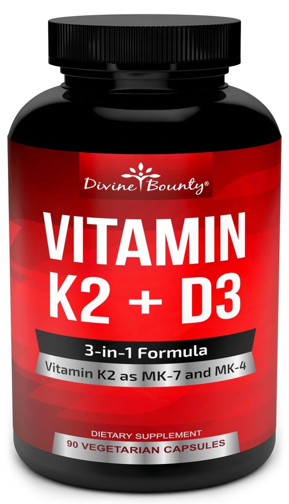 Vitamina K2 (MK7 & MK4) cu supliment D3 - Vitamina K & D ca MK-7 100mcg, MK-4 500mcg, și 5000 UI vitamina D3 3-in-1 Formula - Os și inima suport - 90 capsule non-GMO vegetariane