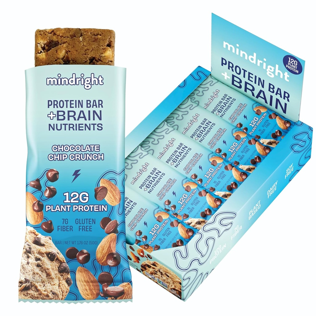 Mindright Superfood Vegan Proteina Bar - Gluten gratuit, non-Gmo, Low Sugar - Brain Food Snack pentru a spori Mood, Energie, și Focus - Pachet de 12 (Chip Crunch ciocolată)