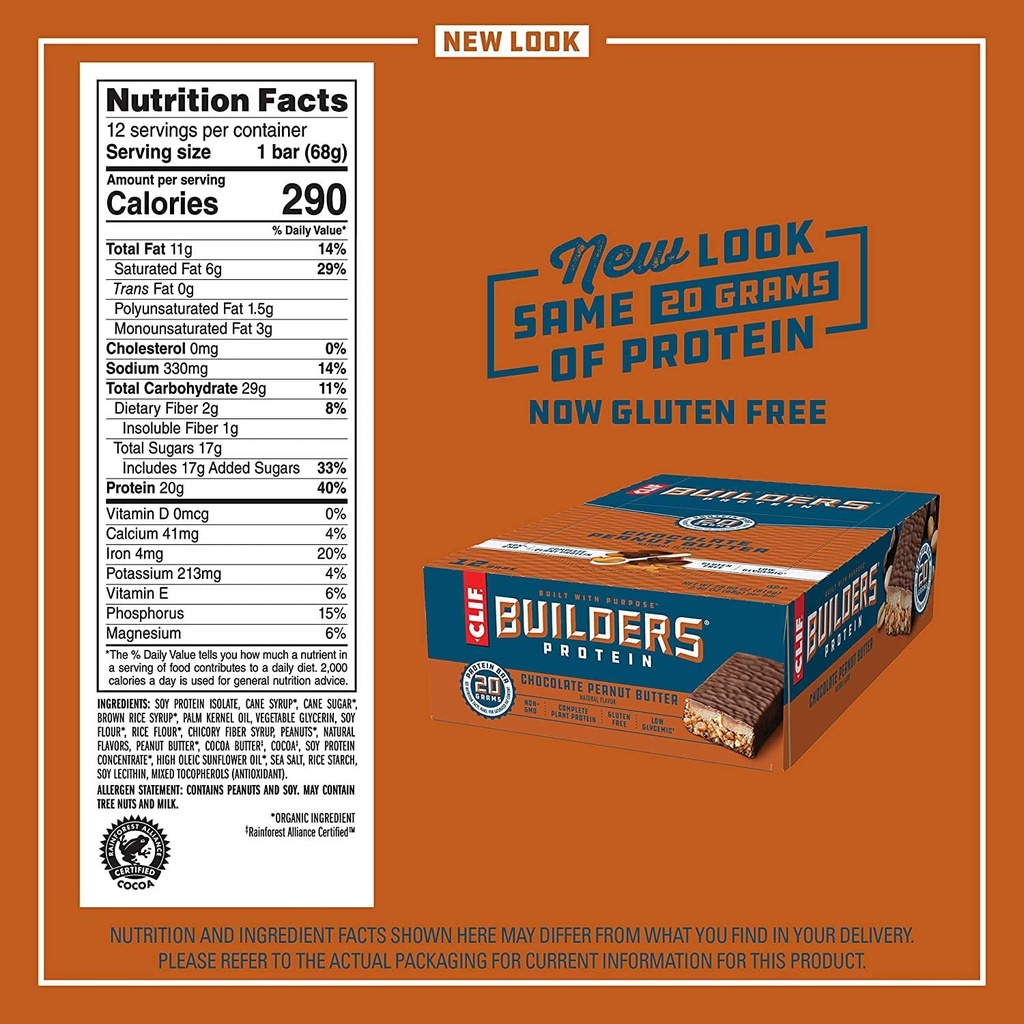 CLIF BUILDers - Baruri de proteine - Aroma de unt de arahide de ciocolată - 20g Proteină (2,4 Ounce, 12 Conte) (acum Gluten Free)