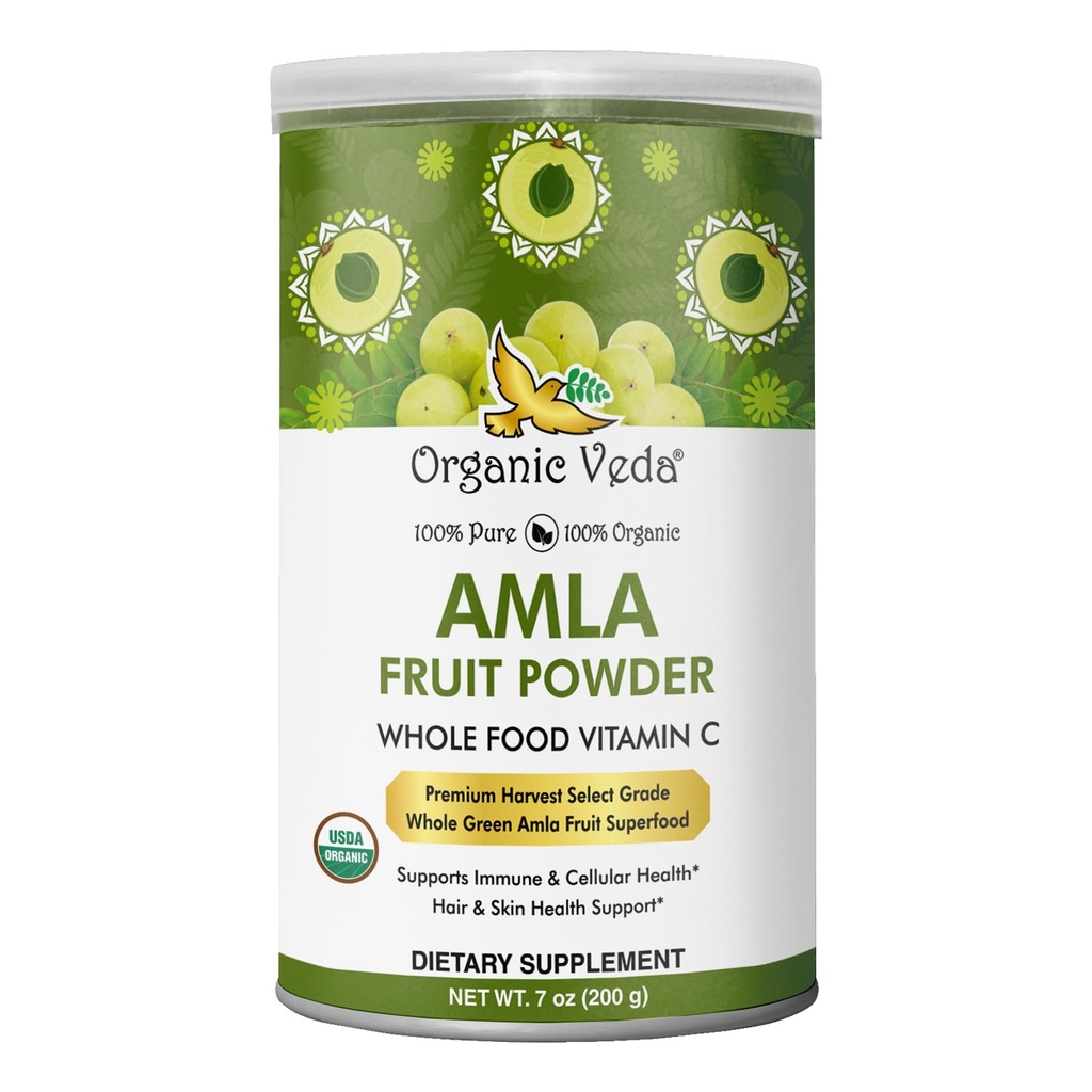 Organic Veda Amla Powder Organic,7oz - Indian Gooseberry Powder for Hair - 100% Pur Amla Fruit Powder Rich in Vitamina C, Antioxidanti, Suporturi Imune, Digestive & Skin Health, Non-GMO, Vegan