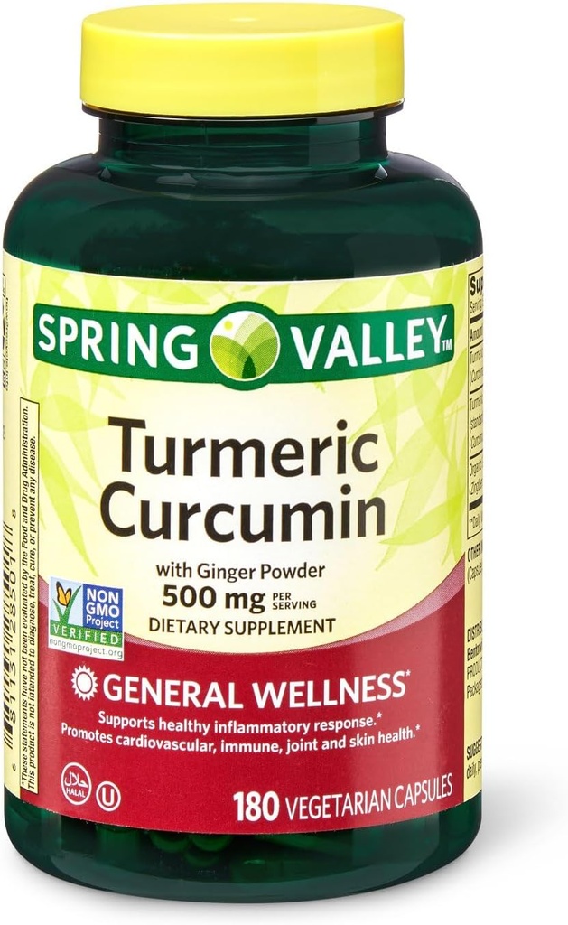 Spring Valley Turmeric Curcumin 500 mg cu 50 mg Ginger Powder Twin Pack 180 Capsule vegetariene
