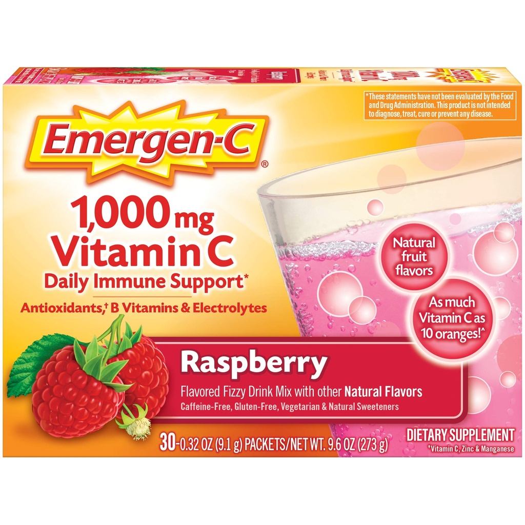 Emergen-C 1000mg vitamina C Suport imun Praf Raspberry 30CT include zinc, mangan, 7 B vitamine și electroliți pentru Înapoi la școală esențiale