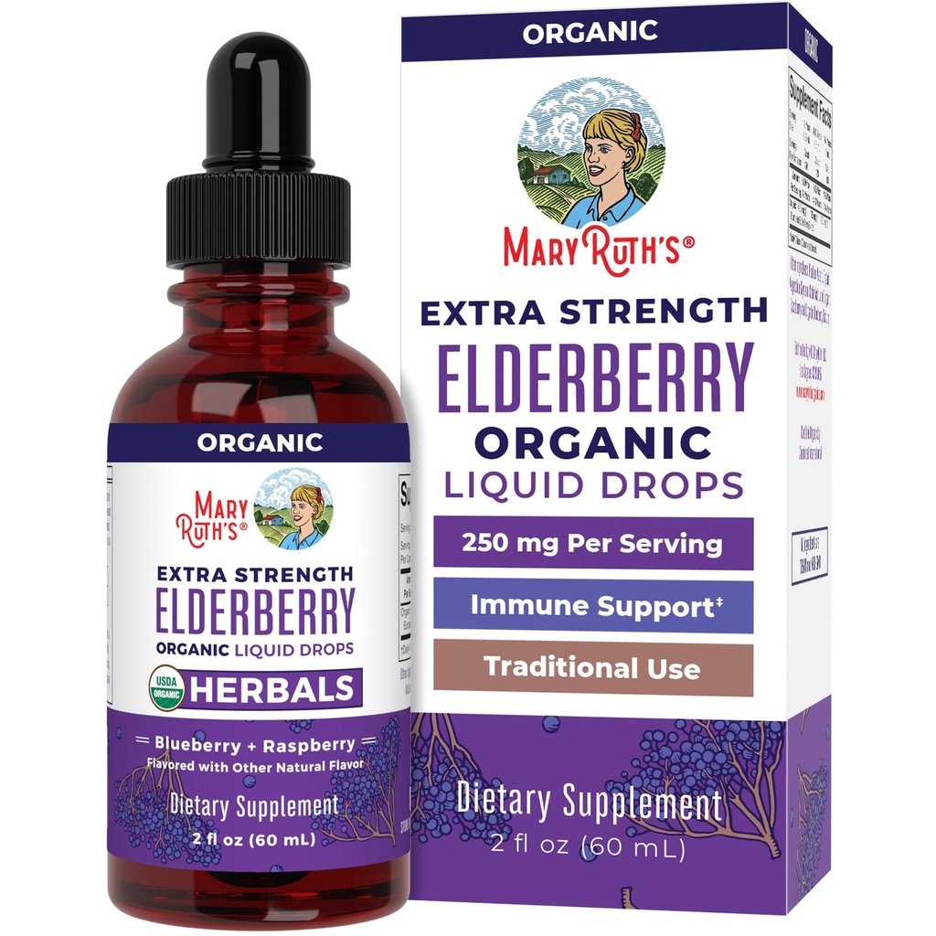 MaryRuth Organics Elderberry Syrup Extra Putere, USDA Organic Elderberry, Sugar Free Adulți și copii Supplement de sprijin imun pentru vârstele 1+, Clean Label Project Verified®, Vegan, Gluten gratuit, 2 Fl Oz