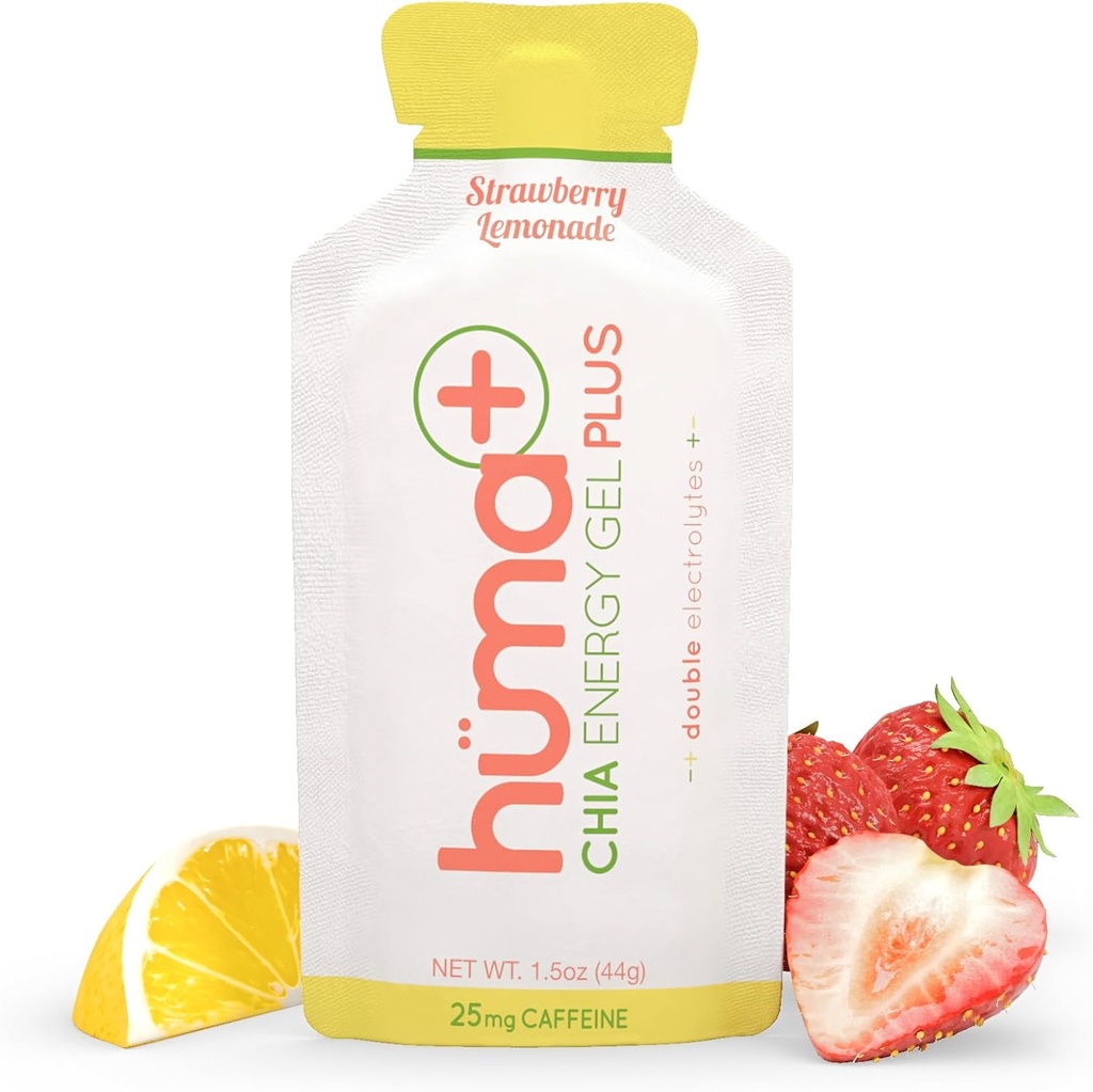 Huma Plus (Double Electrolytes) - Chia Energy Gel, Căpșuni Lemonade, 24 Gels, 25mg Cafeina - Stomac prietenos, Geluri alimentare reale
